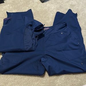 Purple label healing hands yoga scrub set navy blue top large bottoms medium